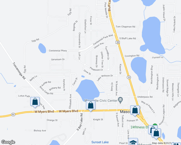 map of restaurants, bars, coffee shops, grocery stores, and more near 1606 Orne Street in Mascotte