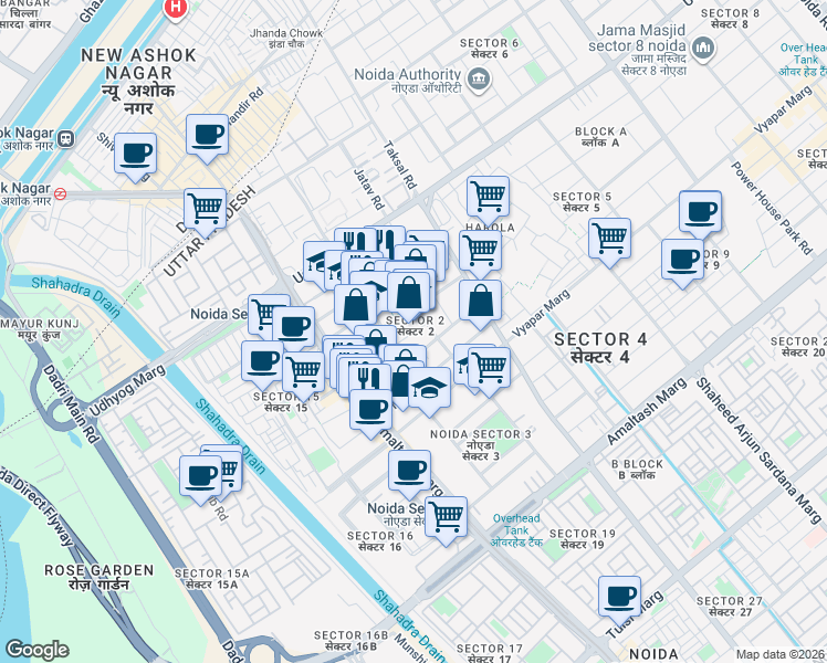 map of restaurants, bars, coffee shops, grocery stores, and more near in Noida