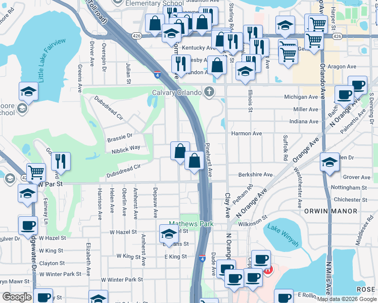 map of restaurants, bars, coffee shops, grocery stores, and more near 2012 Cornell Avenue in Winter Park