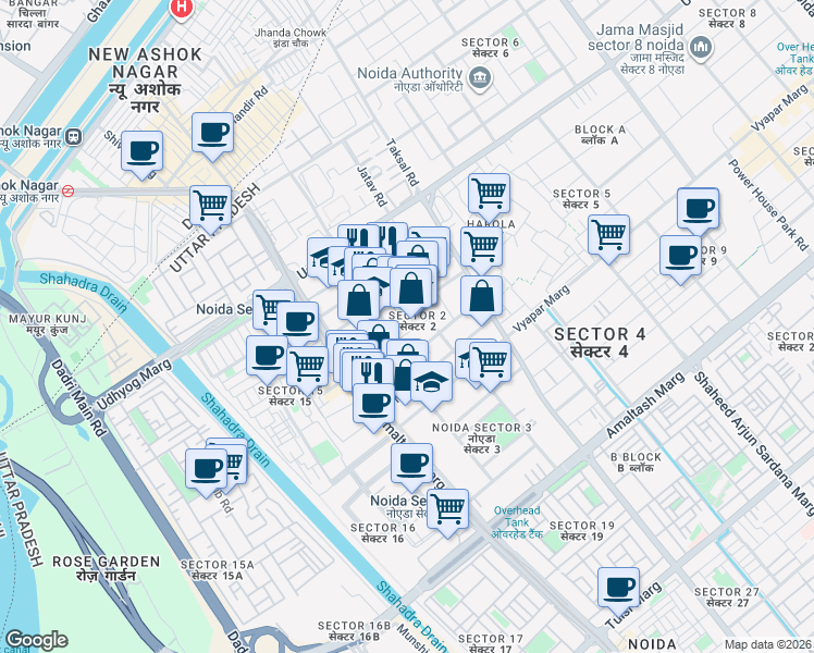 map of restaurants, bars, coffee shops, grocery stores, and more near in Noida