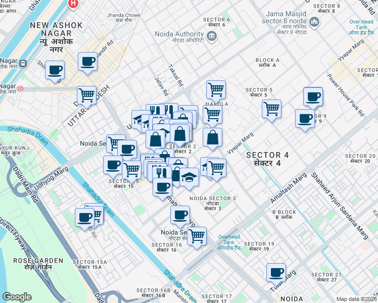 map of restaurants, bars, coffee shops, grocery stores, and more near in Noida