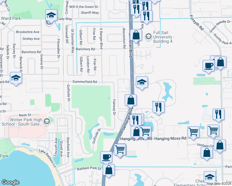 map of restaurants, bars, coffee shops, grocery stores, and more near 1006 Fairway Drive in Winter Park