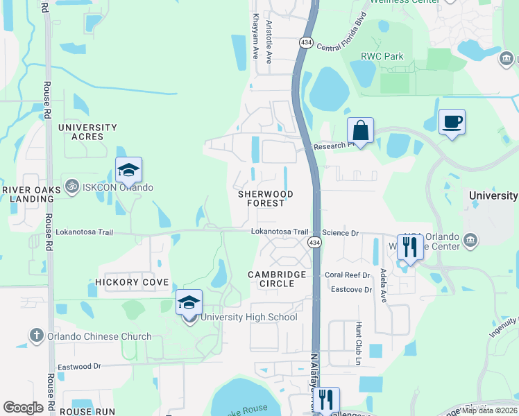 map of restaurants, bars, coffee shops, grocery stores, and more near 3120 Vishaal Drive in Orlando