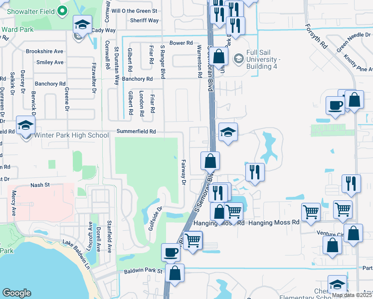 map of restaurants, bars, coffee shops, grocery stores, and more near 1006 Fairway Drive in Winter Park