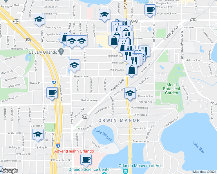 map of restaurants, bars, coffee shops, grocery stores, and more near 1575 Florida 527 in Winter Park