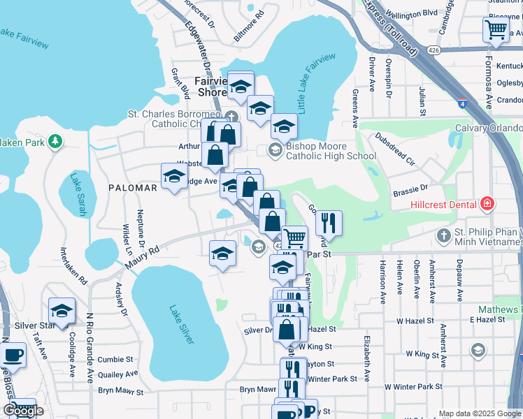 map of restaurants, bars, coffee shops, grocery stores, and more near 3457 Edgewater Drive in Orlando
