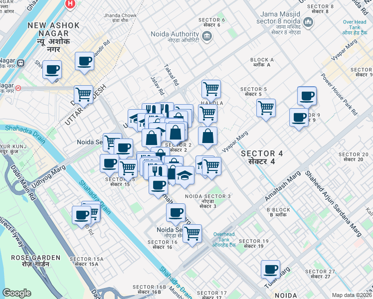 map of restaurants, bars, coffee shops, grocery stores, and more near in Noida