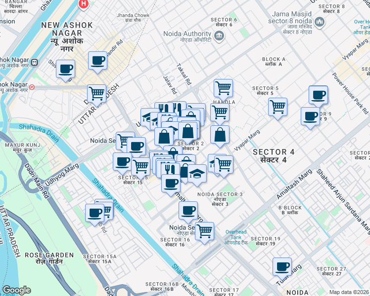 map of restaurants, bars, coffee shops, grocery stores, and more near in Noida