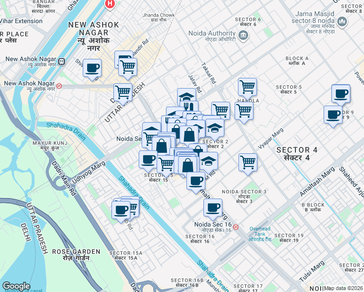 map of restaurants, bars, coffee shops, grocery stores, and more near in Noida