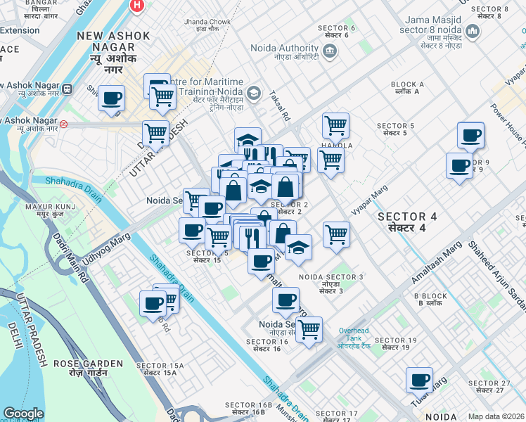 map of restaurants, bars, coffee shops, grocery stores, and more near in Noida
