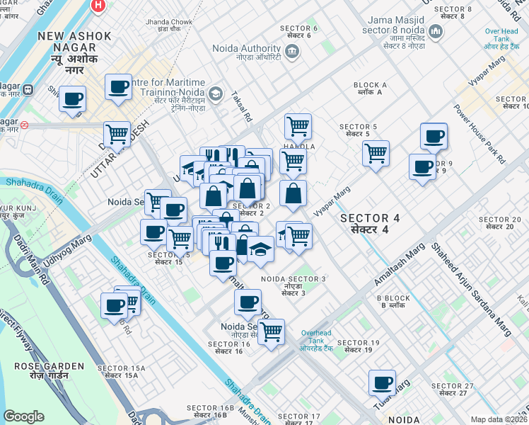 map of restaurants, bars, coffee shops, grocery stores, and more near in Noida