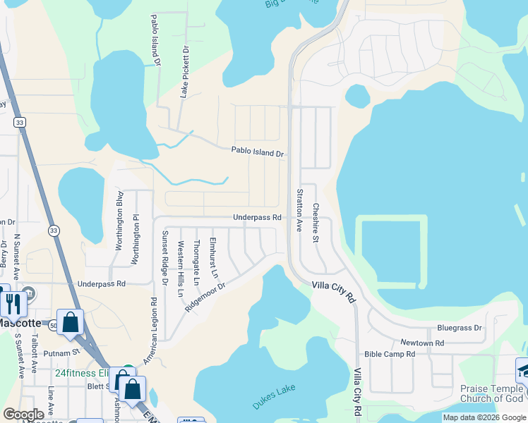 map of restaurants, bars, coffee shops, grocery stores, and more near 1859 Sunset Ridge Drive in Mascotte