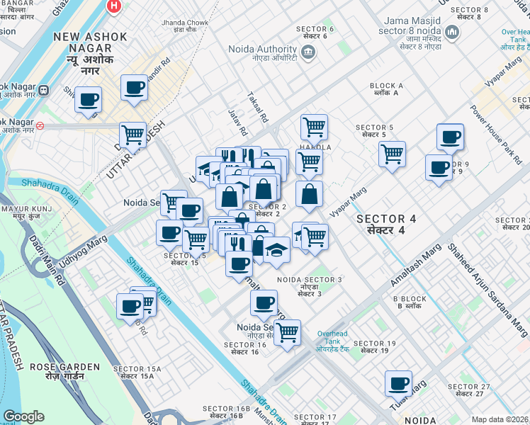 map of restaurants, bars, coffee shops, grocery stores, and more near in Noida