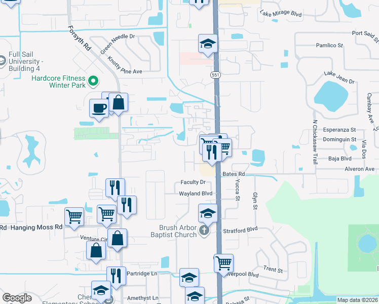 map of restaurants, bars, coffee shops, grocery stores, and more near 7341 Daniel Webster Drive in Winter Park