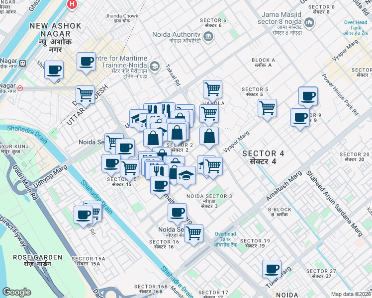 map of restaurants, bars, coffee shops, grocery stores, and more near in Noida