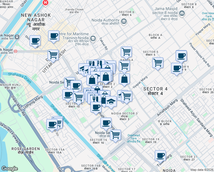 map of restaurants, bars, coffee shops, grocery stores, and more near in Noida