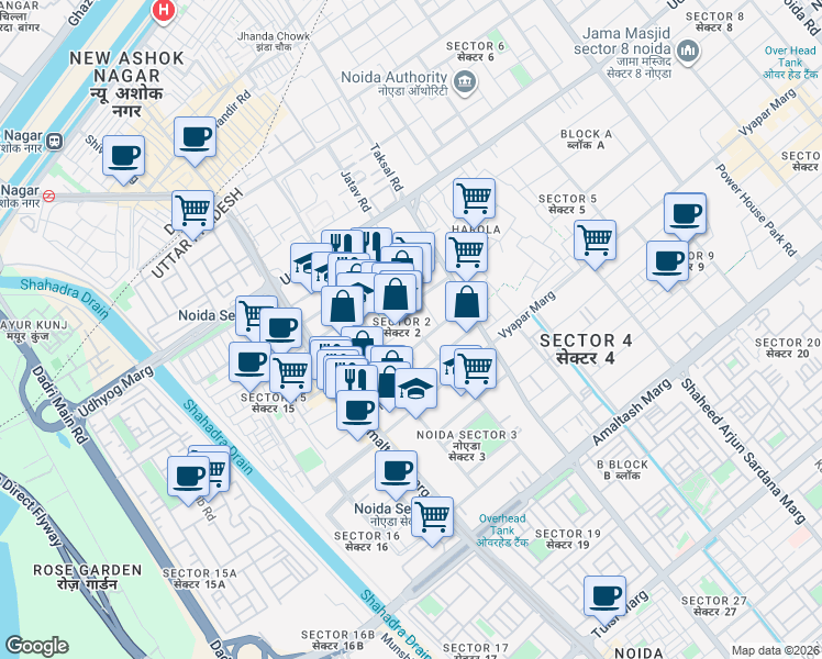 map of restaurants, bars, coffee shops, grocery stores, and more near in Noida