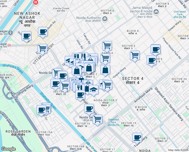 map of restaurants, bars, coffee shops, grocery stores, and more near in Noida