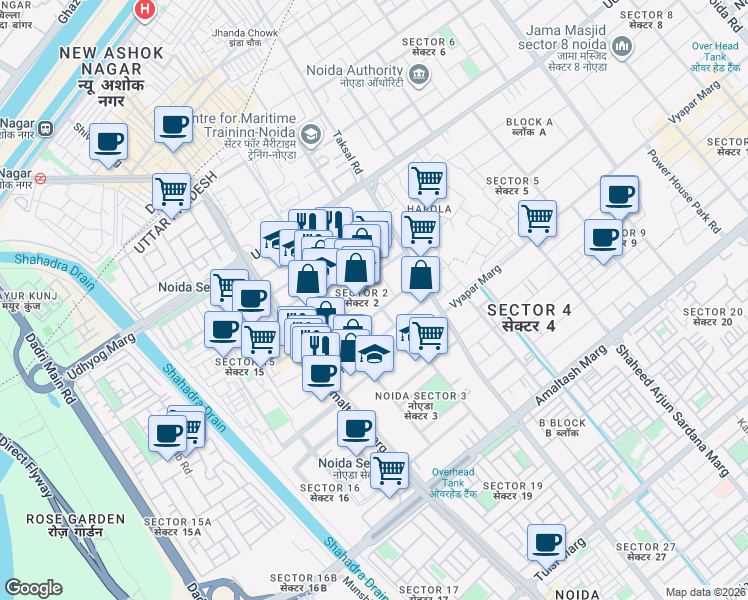 map of restaurants, bars, coffee shops, grocery stores, and more near in Noida