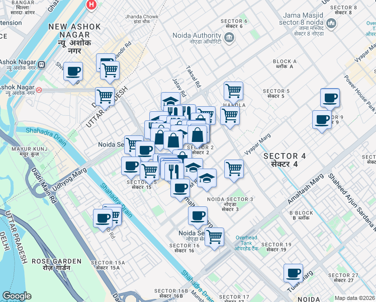 map of restaurants, bars, coffee shops, grocery stores, and more near in Noida