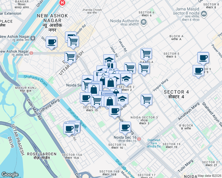 map of restaurants, bars, coffee shops, grocery stores, and more near in Noida