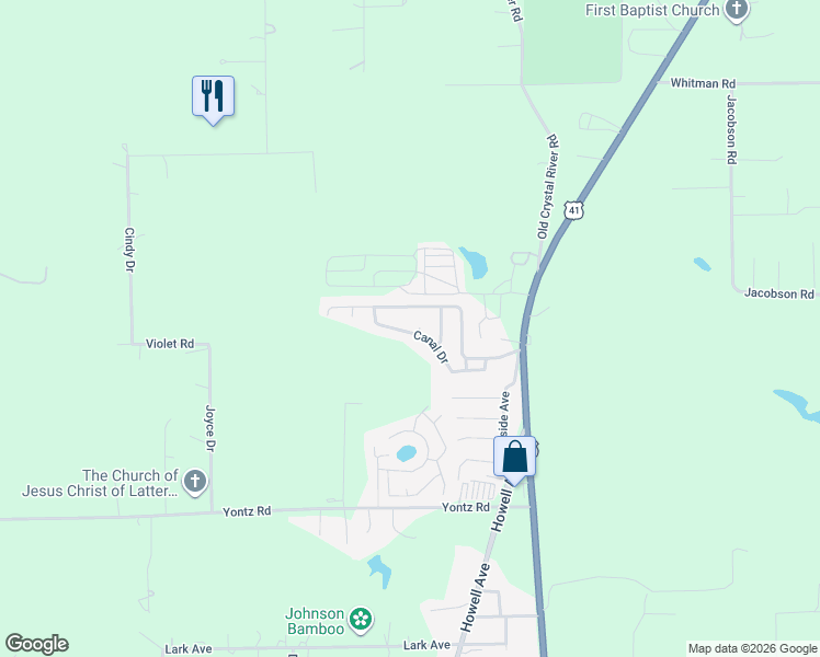 map of restaurants, bars, coffee shops, grocery stores, and more near 21351 Canal Drive in Brooksville