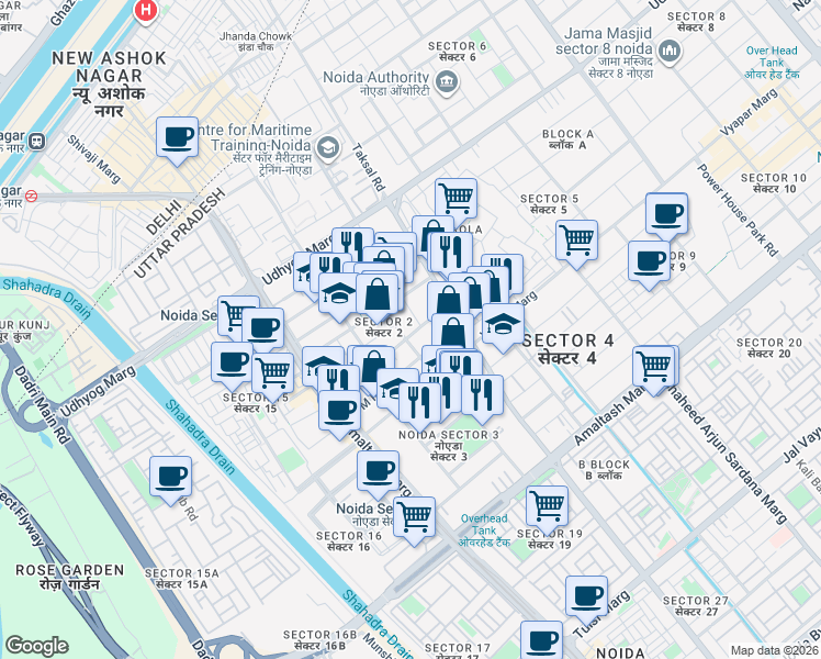 map of restaurants, bars, coffee shops, grocery stores, and more near in Noida