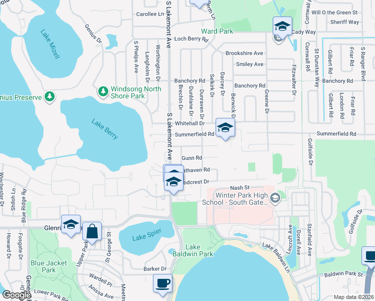 map of restaurants, bars, coffee shops, grocery stores, and more near 1019 Braemar Drive in Winter Park
