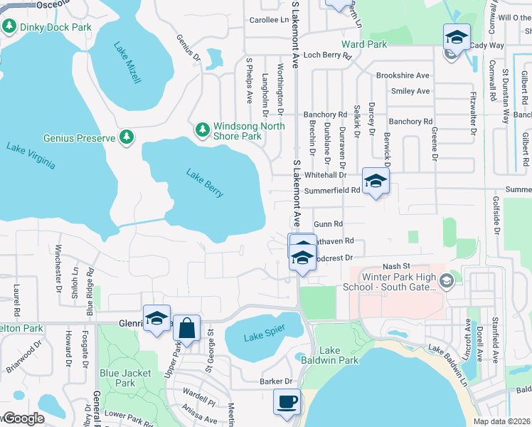 map of restaurants, bars, coffee shops, grocery stores, and more near 1085 Lakemont Circle in Winter Park