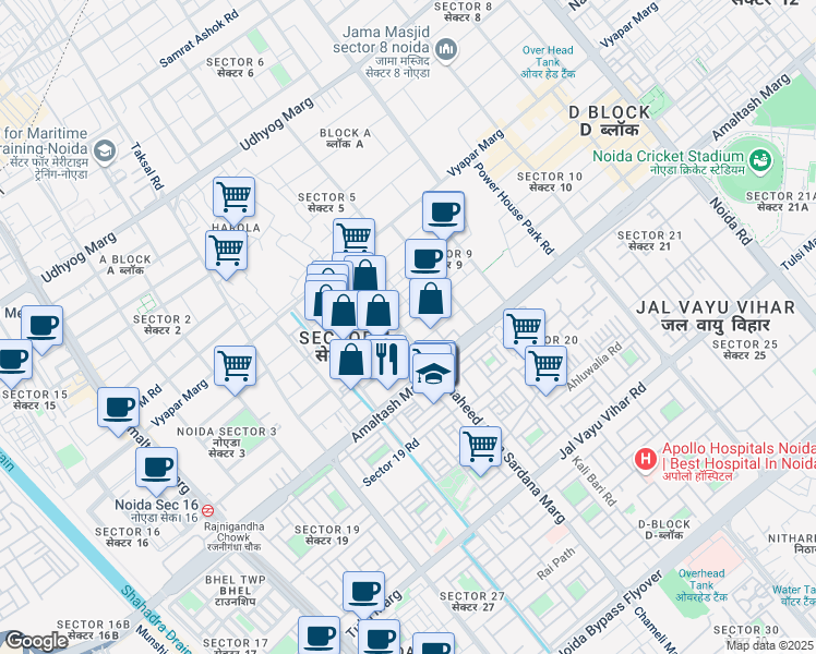 map of restaurants, bars, coffee shops, grocery stores, and more near B-46 Shaheed Arjun Sardana Marg in Noida