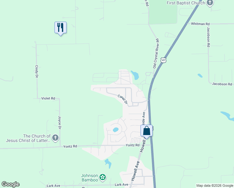 map of restaurants, bars, coffee shops, grocery stores, and more near 21351 Canal Drive in Brooksville