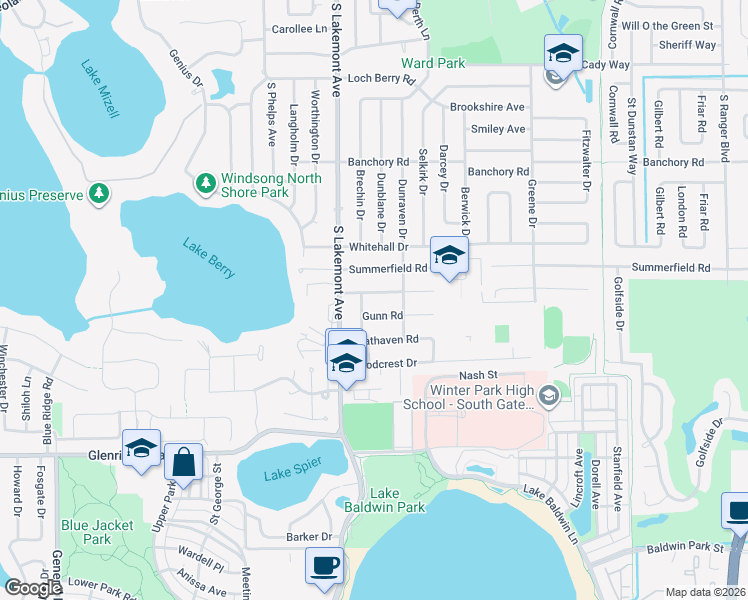 map of restaurants, bars, coffee shops, grocery stores, and more near 1019 Braemar Drive in Winter Park