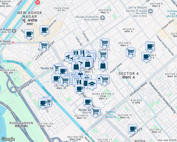 map of restaurants, bars, coffee shops, grocery stores, and more near in Noida