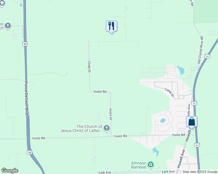 map of restaurants, bars, coffee shops, grocery stores, and more near 21033 Violet Road in Brooksville