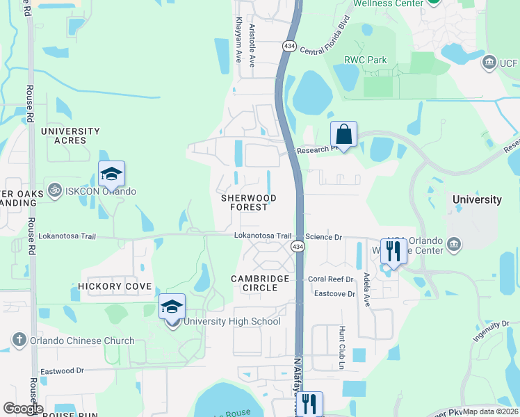 map of restaurants, bars, coffee shops, grocery stores, and more near 11635 Sarita Court in Orlando