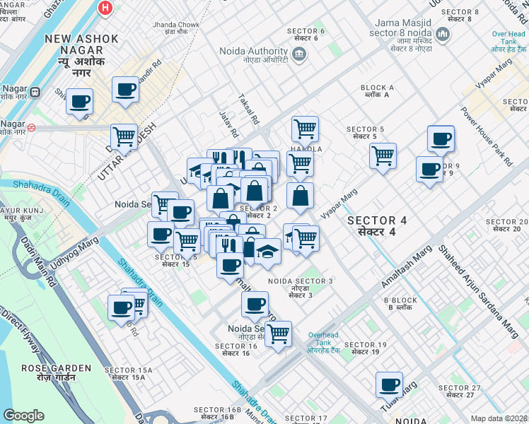 map of restaurants, bars, coffee shops, grocery stores, and more near in Noida