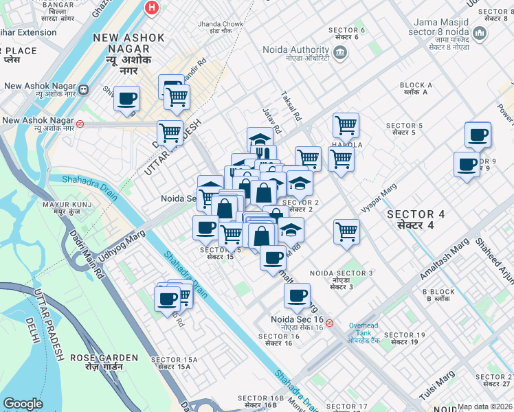map of restaurants, bars, coffee shops, grocery stores, and more near in Noida