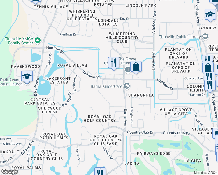 map of restaurants, bars, coffee shops, grocery stores, and more near 2727 Demaret Drive in Titusville