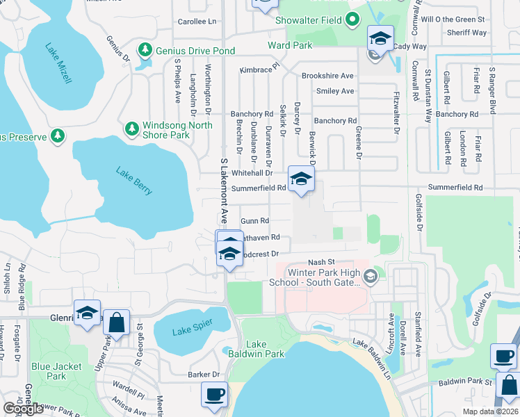 map of restaurants, bars, coffee shops, grocery stores, and more near 1025 Dunraven Drive in Winter Park