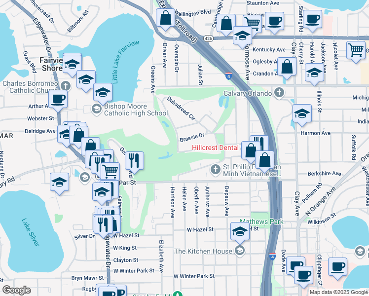 map of restaurants, bars, coffee shops, grocery stores, and more near 395 Dubsdread Circle in Orlando