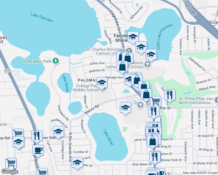 map of restaurants, bars, coffee shops, grocery stores, and more near 1201 Maury Road in Orlando