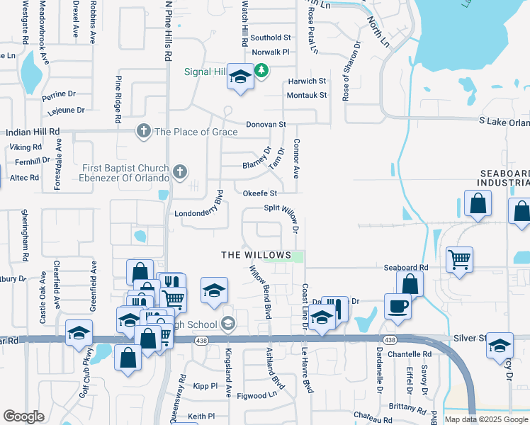 map of restaurants, bars, coffee shops, grocery stores, and more near 3236 Shady Willow Drive in Orlando
