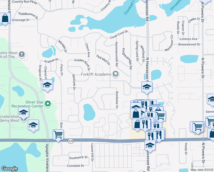 map of restaurants, bars, coffee shops, grocery stores, and more near 2930 Hickory Creek Drive in Orlando
