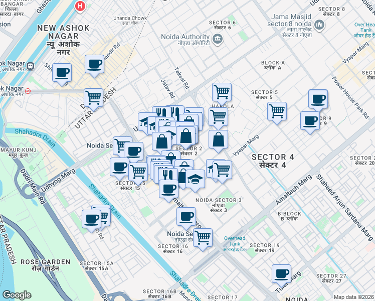 map of restaurants, bars, coffee shops, grocery stores, and more near in Noida