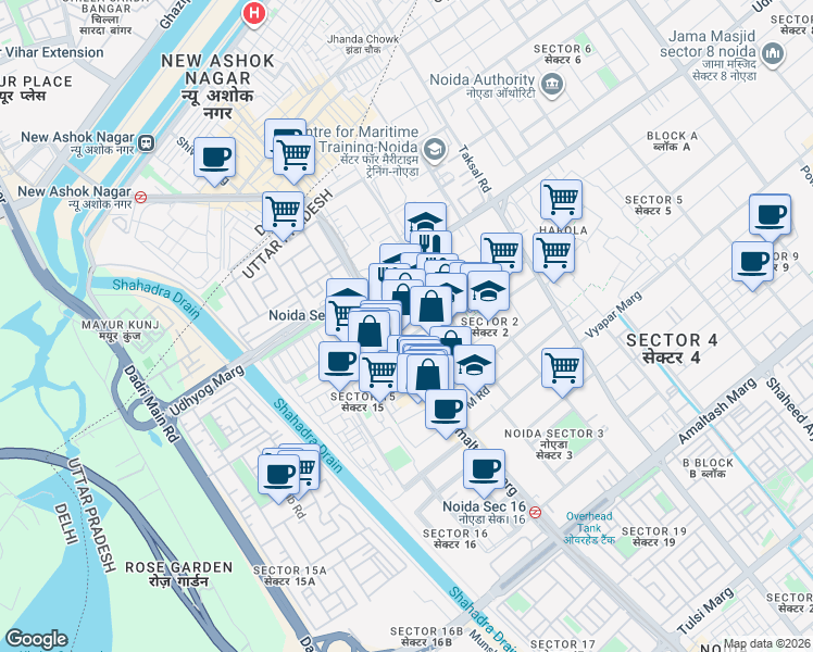 map of restaurants, bars, coffee shops, grocery stores, and more near in Noida