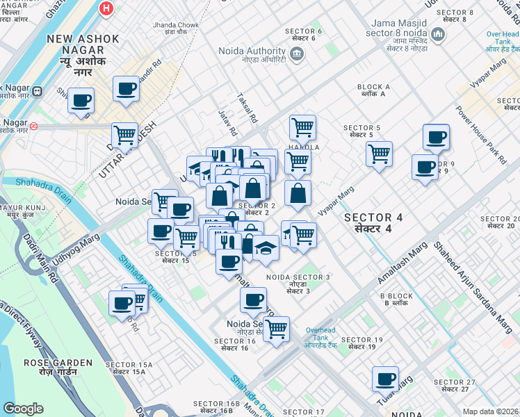 map of restaurants, bars, coffee shops, grocery stores, and more near in Noida