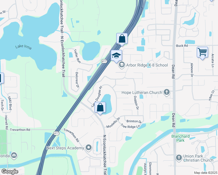 map of restaurants, bars, coffee shops, grocery stores, and more near 9705 Lake Douglas Place in Orlando