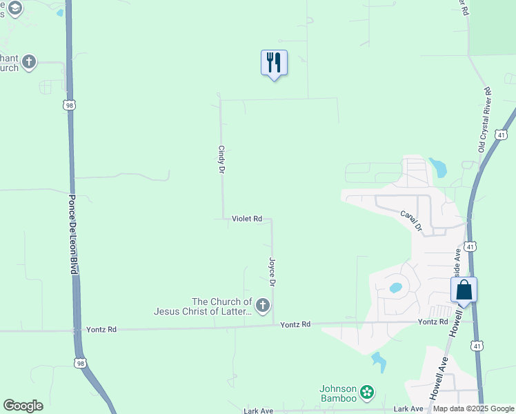 map of restaurants, bars, coffee shops, grocery stores, and more near 21011 Violet Road in Brooksville