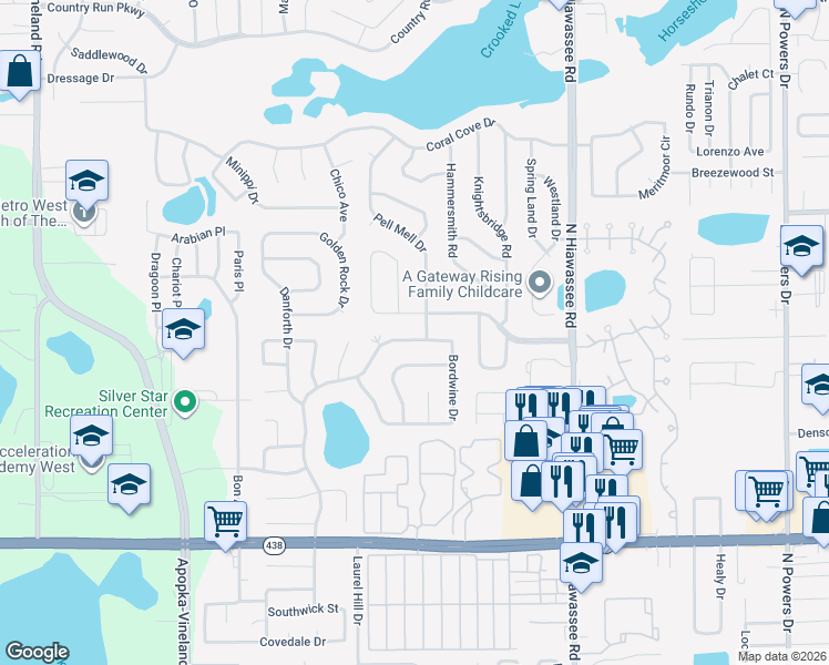 map of restaurants, bars, coffee shops, grocery stores, and more near 2930 Hickory Creek Drive in Orlando
