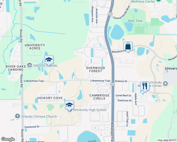 map of restaurants, bars, coffee shops, grocery stores, and more near 3202 Alafaya Club Drive in Orlando